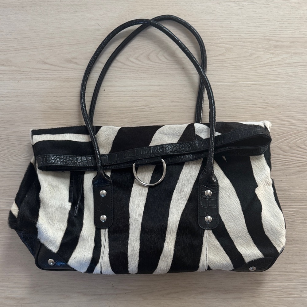 Leather Zebra Print Pony Hair Tote Bag